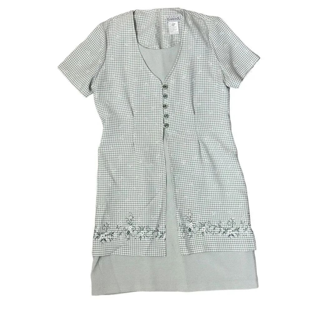 Vintage Basic Editions Sage Green Business Modest Floral Two Piece Casual Dress